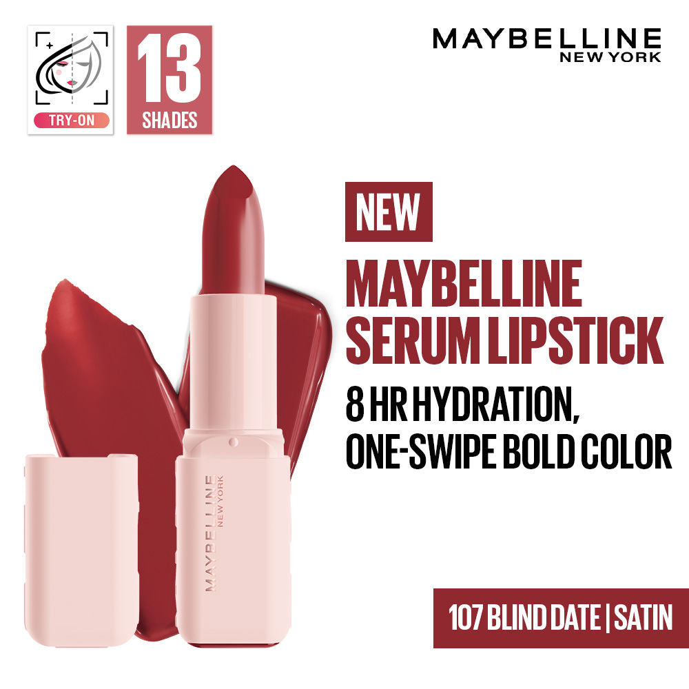 Maybelline Serum Satin Lipstick - 8Hr hydration, One-Swipe Bold Color - 107 Blind Date