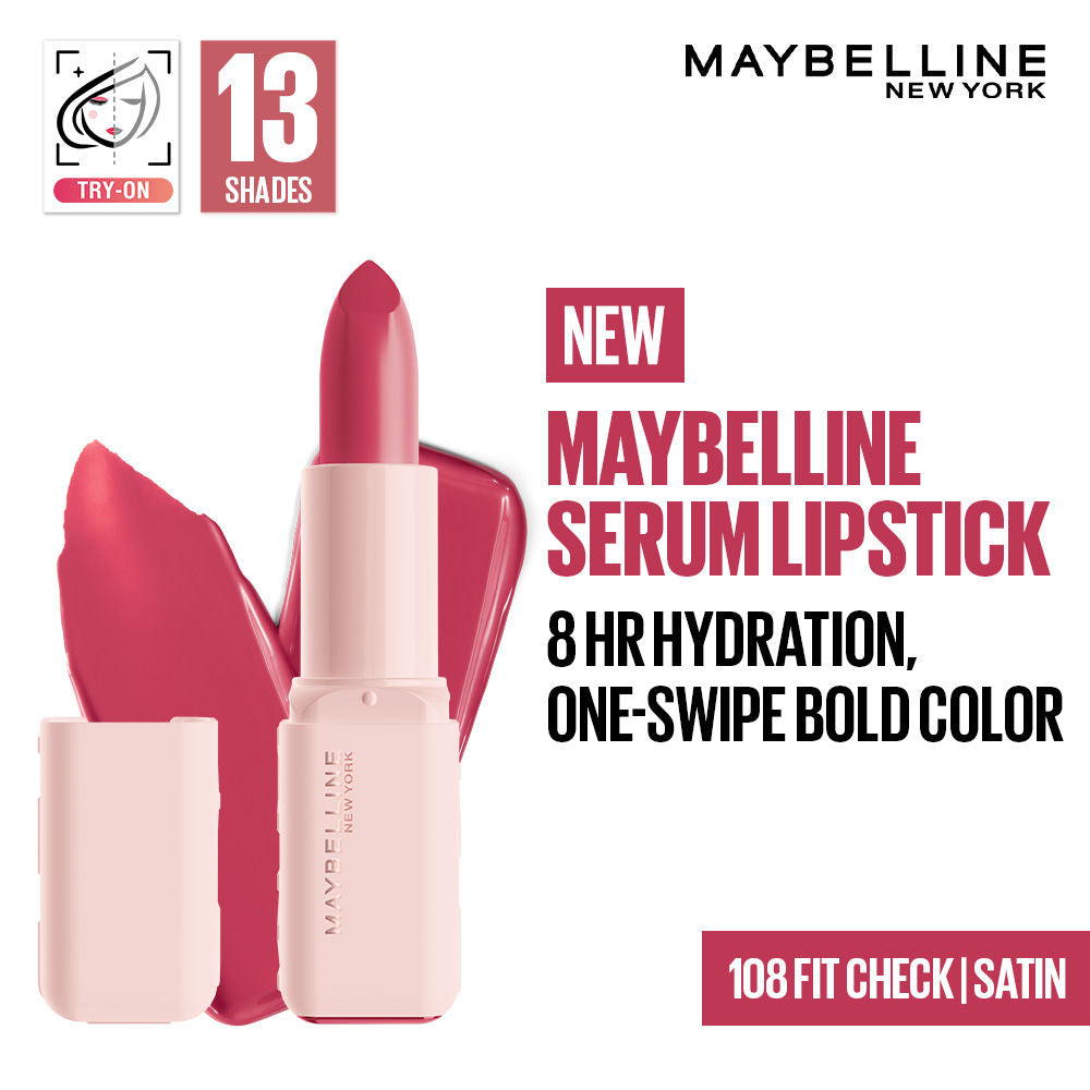 Maybelline Serum Satin Lipstick - 8Hr hydration, One-Swipe Bold Color - 108 Fit Check