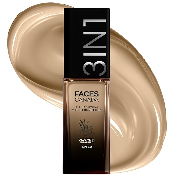 FACESCANADA All Day Hydra Matte Foundation Cream| 3-in-1 Foundation + Moisturizer + SPF 30|24 HR Aloe Hydration & Vitamin C|10HR Long Wear|Medium to High Builda