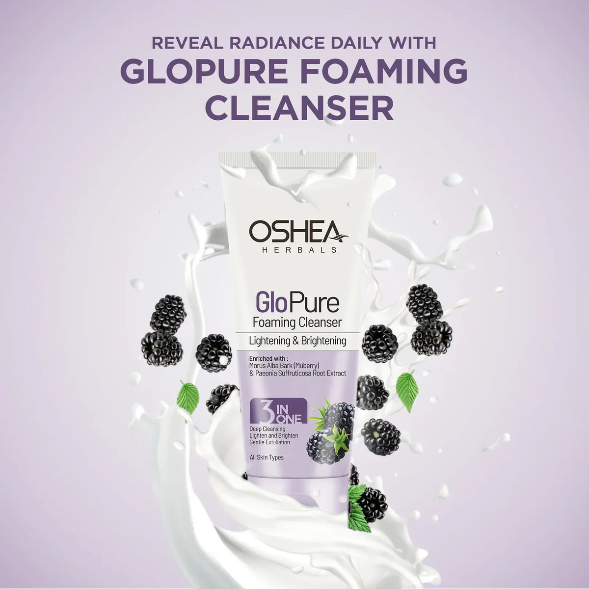 Oshea Herbals Glopure Lightening and Brightening Foaming Cleanser 3 in One Deep Cleansing,Lighten and Brighten,Gentle Exfoliation All Skin Types 100ml