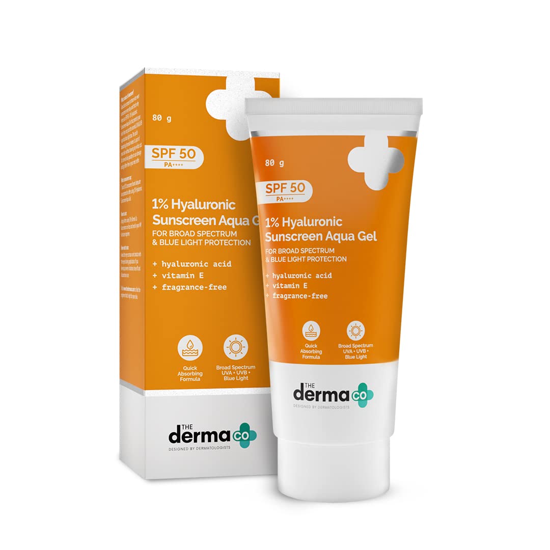 The Derma Co 1% Hyaluronic Sunscreen Aqua Gel SPF 50 PA++++ I For Oily, Dry, Acne-prone Skin | Ultra Lightweight Texture I Non-Greasy I No White Cast | Broad Sp