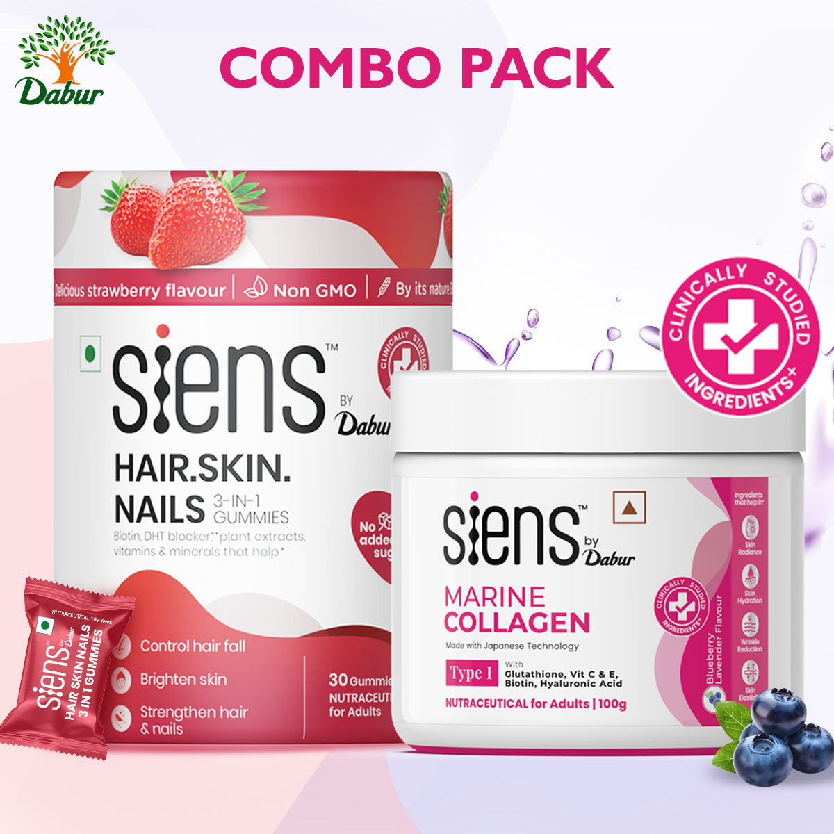 Dabur Siens by Dabur Skin Glow & Hair Growth Combo: Hydrolyzed Marine Collagen, 100 g + Hair, Skin & Nails Gummies, 30s pack Combo