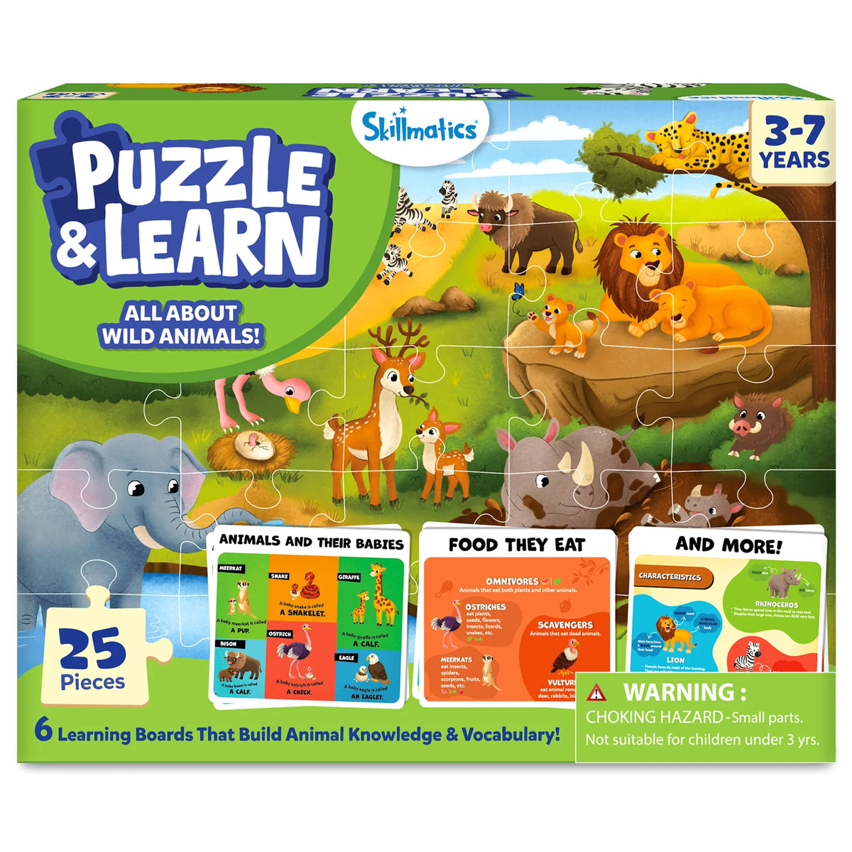 Skillmatics Puzzle & Learn: Wild Animals | 25-Piece Jigsaw Puzzle with 6 Learning Boards (ages 3-7)