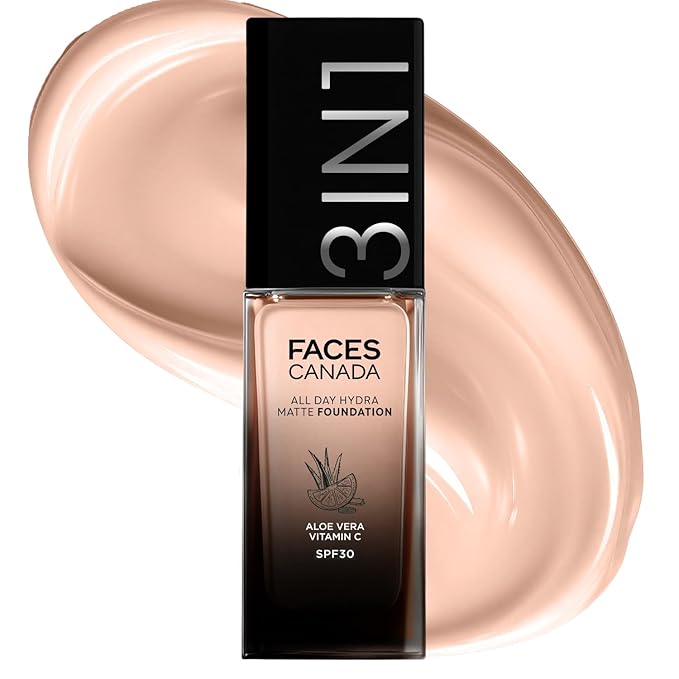 FACESCANADA All Day Hydra Matte Foundation Cream| 3-in-1 Foundation + Moisturizer + SPF 30|24 HR Aloe Hydration & Vitamin C|10HR Long Wear|Medium to High Builda