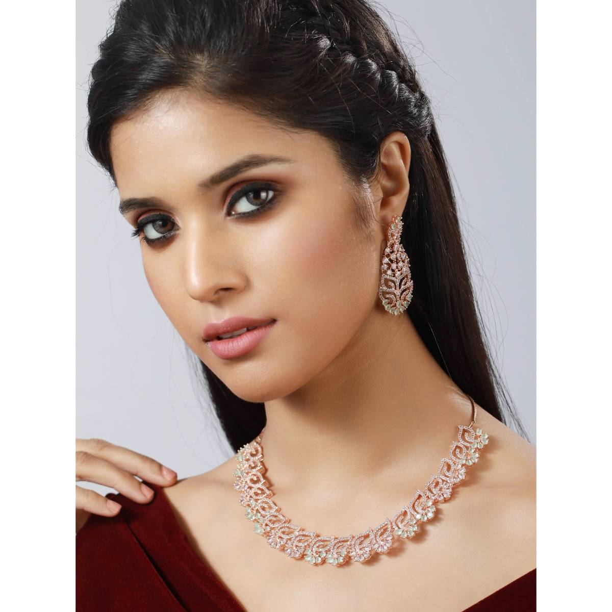 Aatmana Rose Gold Plated Mint Green and White AD Studded Handcrafted Jewellery Set