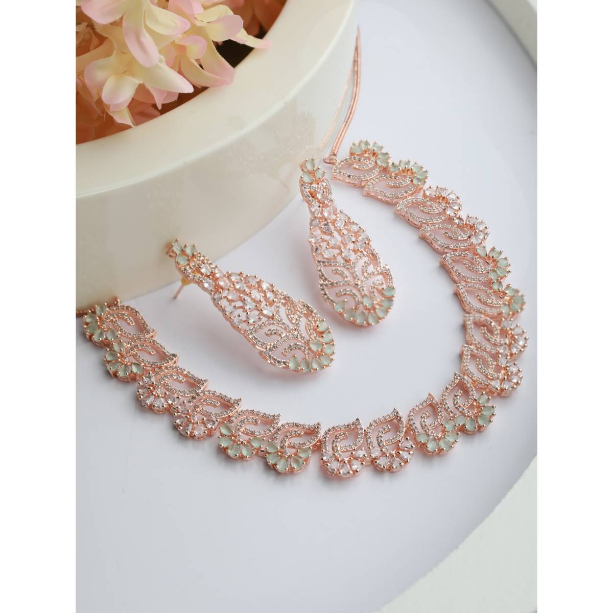Aatmana Rose Gold Plated Mint Green and White AD Studded Handcrafted Jewellery Set