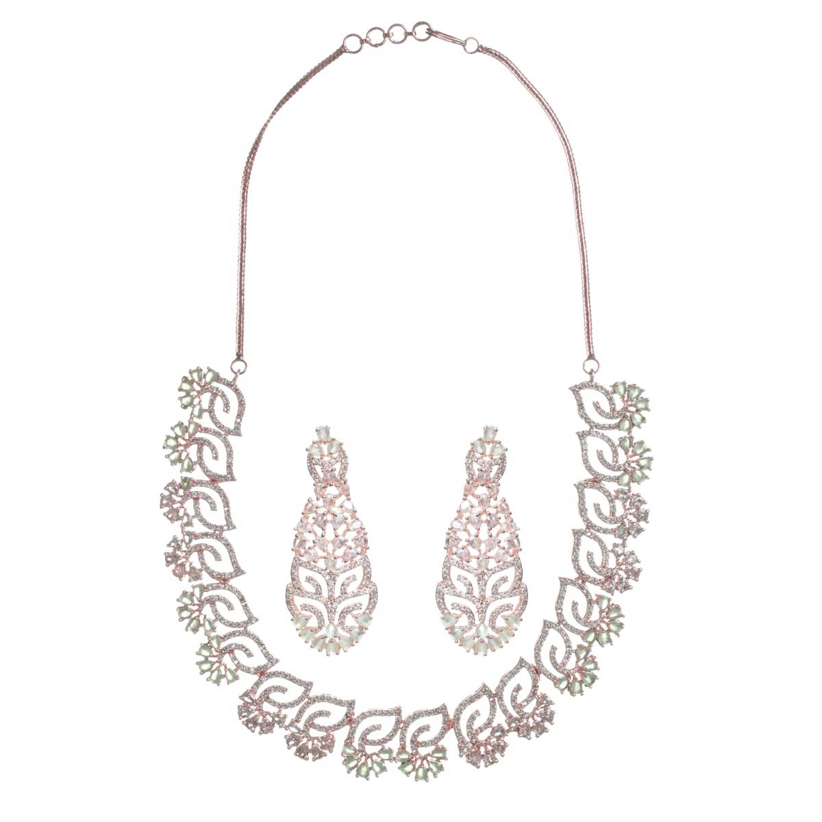 Aatmana Rose Gold Plated Mint Green and White AD Studded Handcrafted Jewellery Set