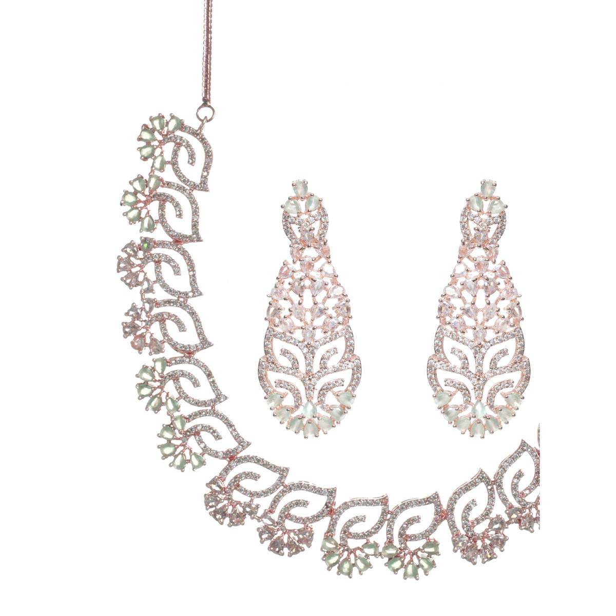 Aatmana Rose Gold Plated Mint Green and White AD Studded Handcrafted Jewellery Set