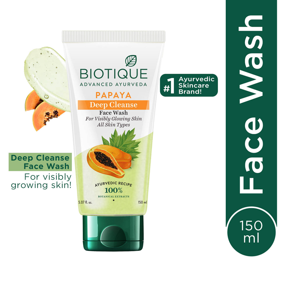 Biotique Bio Papaya Visibly Glowing Skin Face Wash For All Skin Types (Deep Cleanse) · 150ml