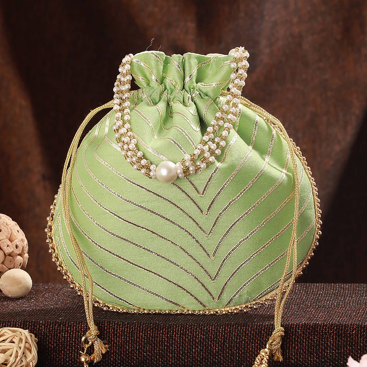 Aatmana Parrot Green & Gold Embellished Potli Bag