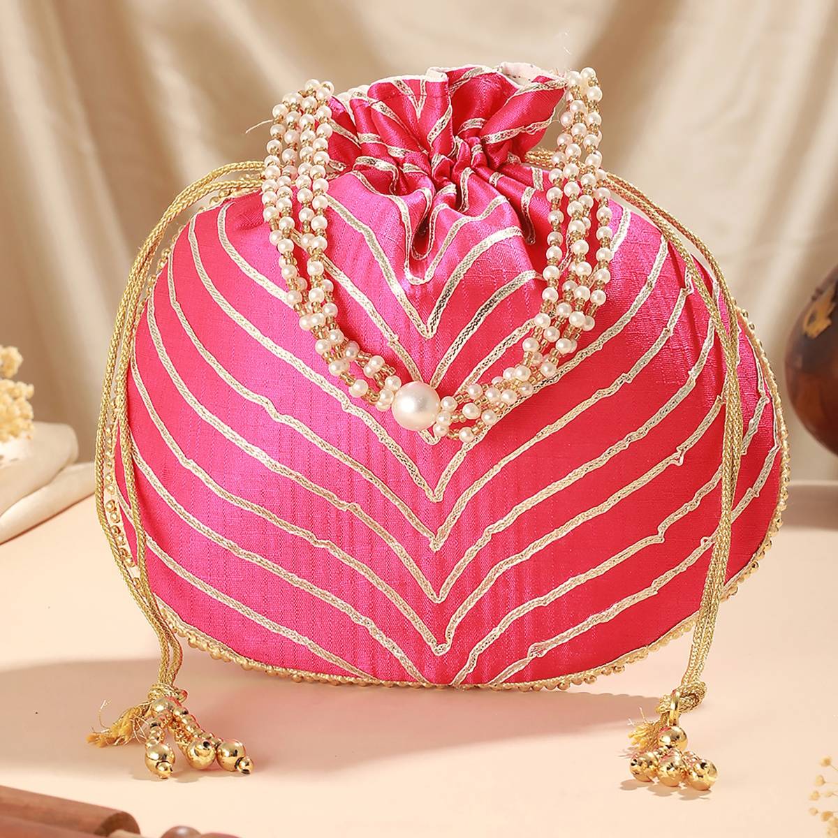 Aatmana Hot Pink & Gold Embellished Potli Bag · One Size