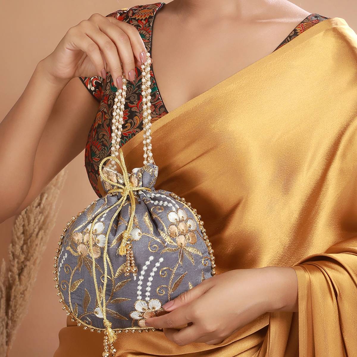Aatmana Grey & Gold Embroidered Potli Bag