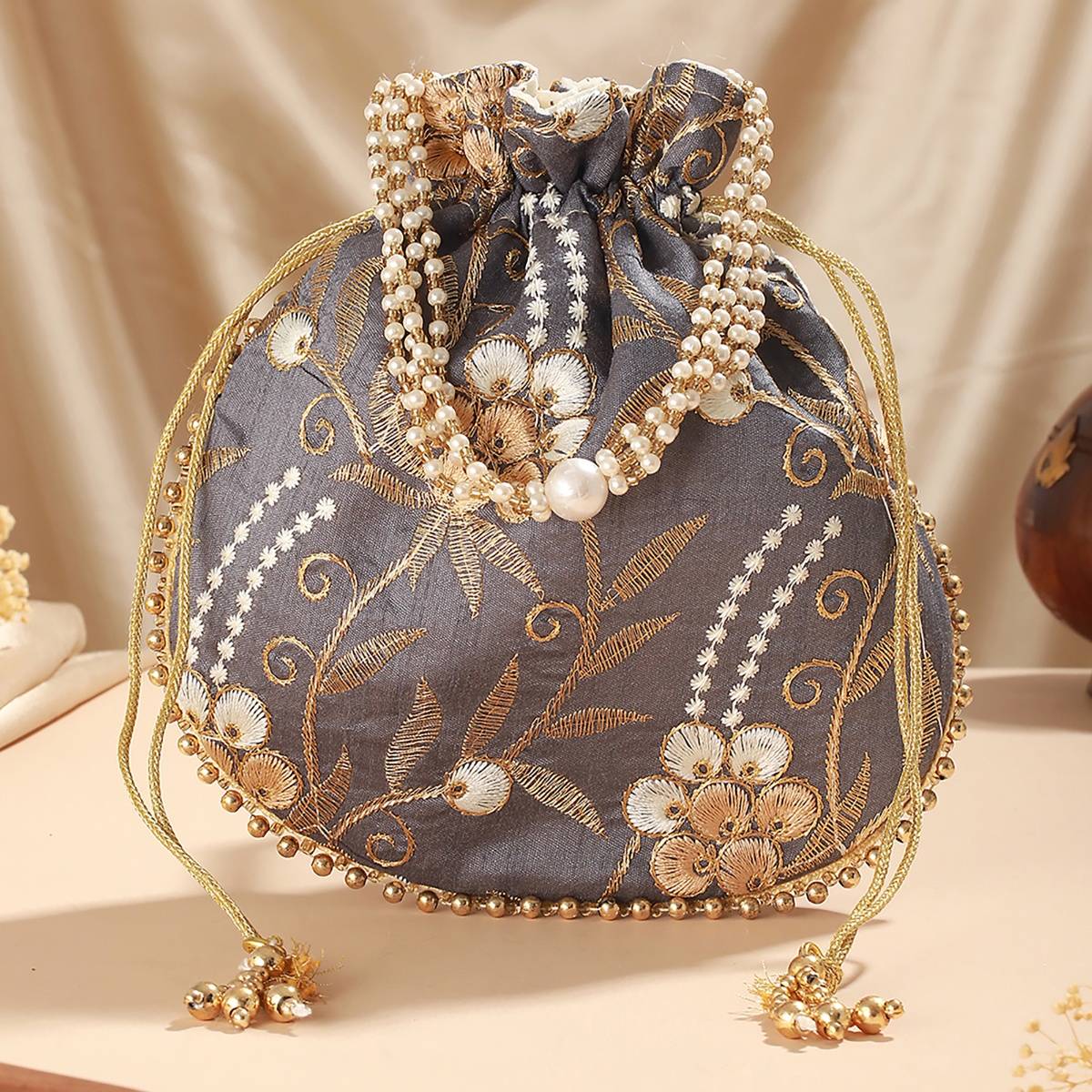 Aatmana Grey & Gold Embroidered Potli Bag