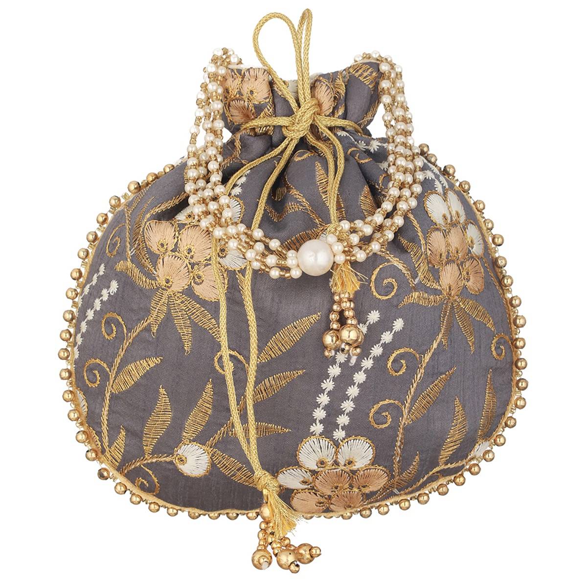 Aatmana Grey & Gold Embroidered Potli Bag