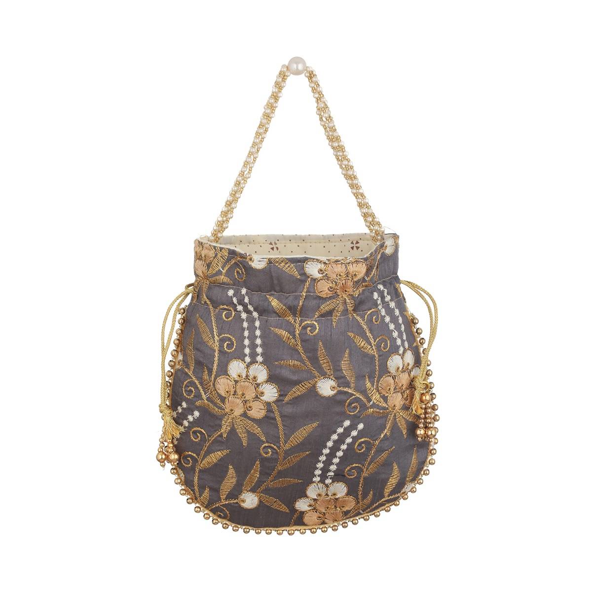 Aatmana Grey & Gold Embroidered Potli Bag