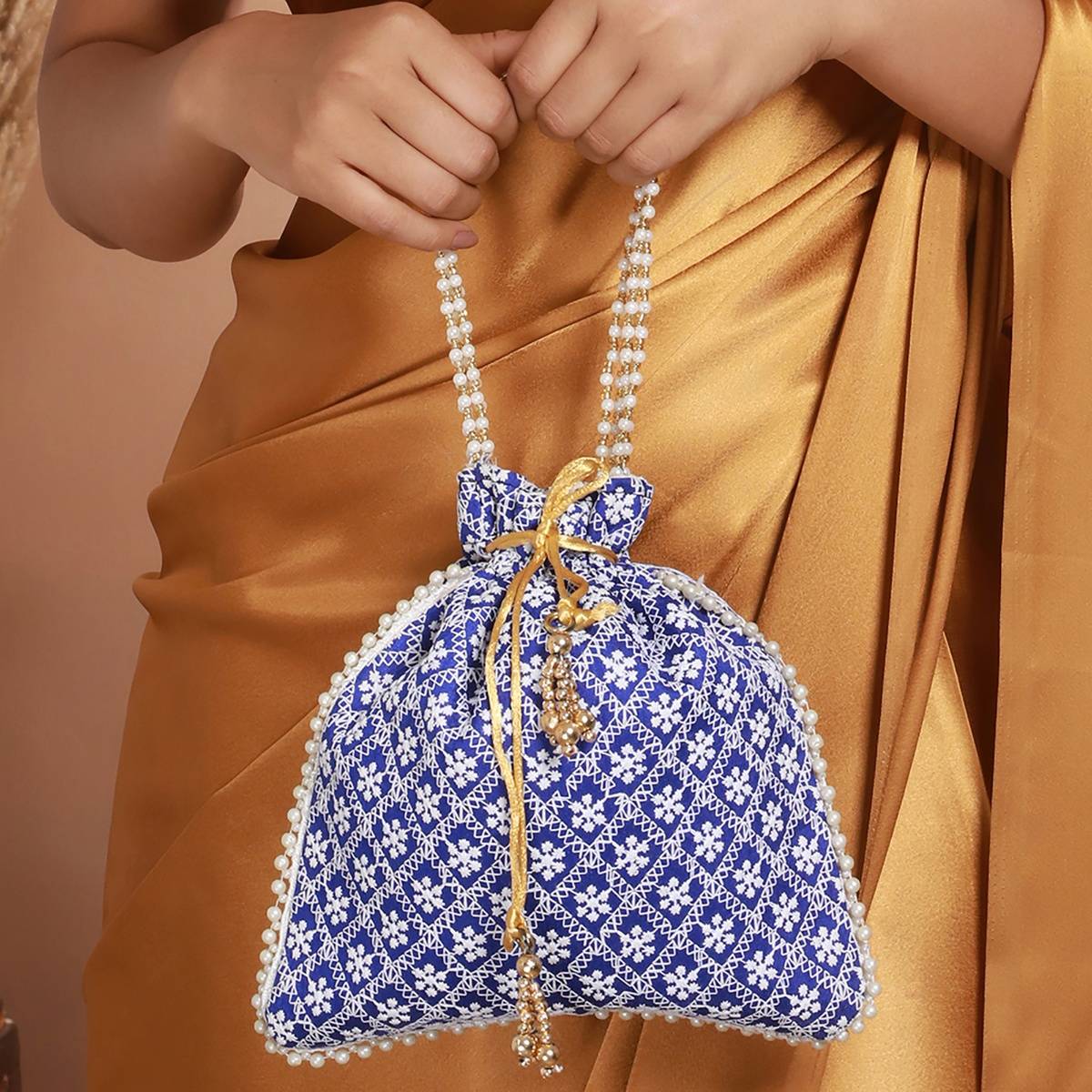 Aatmana Blue & Gold Toned Chikan Embroidered Work Potli Bag · One Size