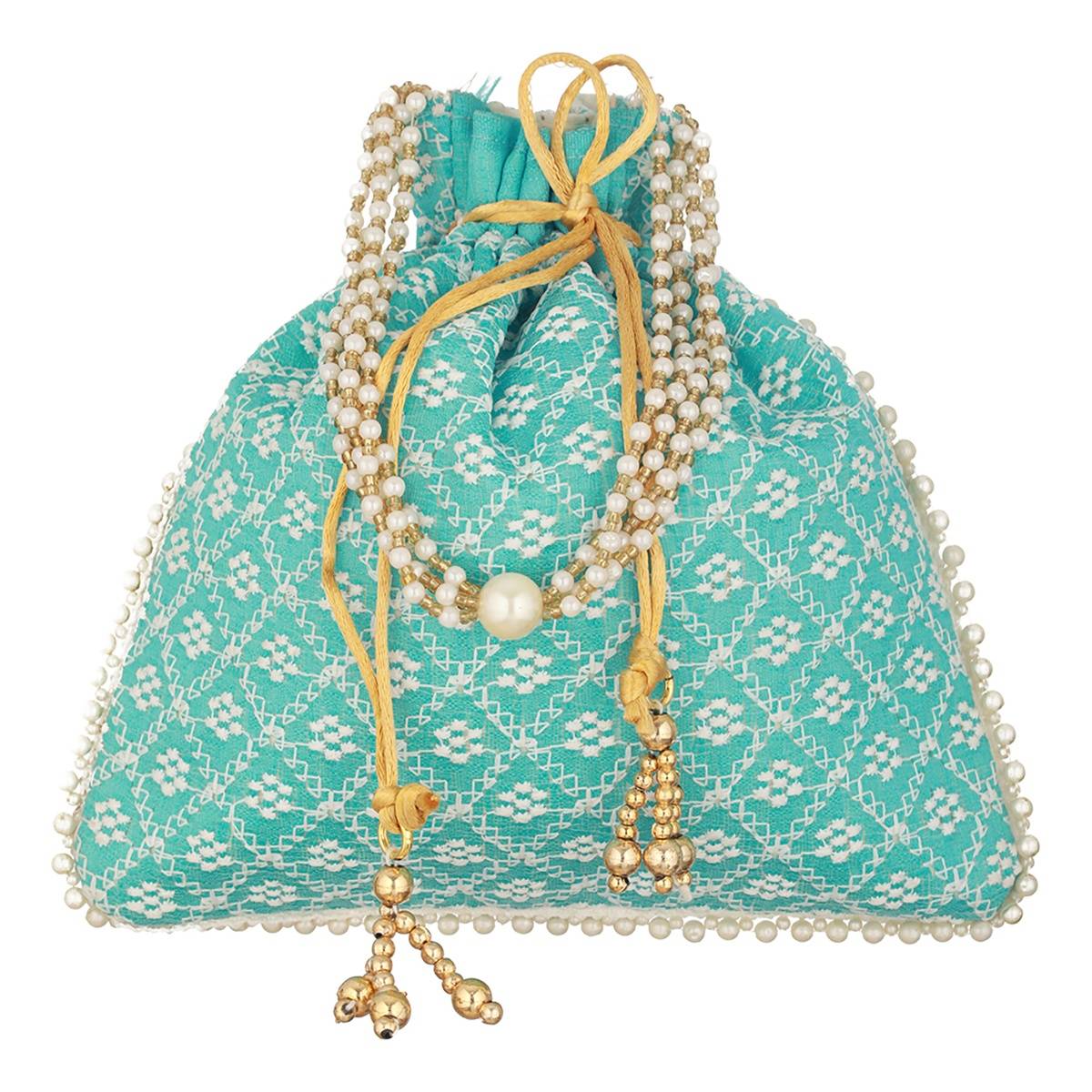 Aatmana Turquoise Blue & Gold Toned Chikan Embroidered Work Potli Bag