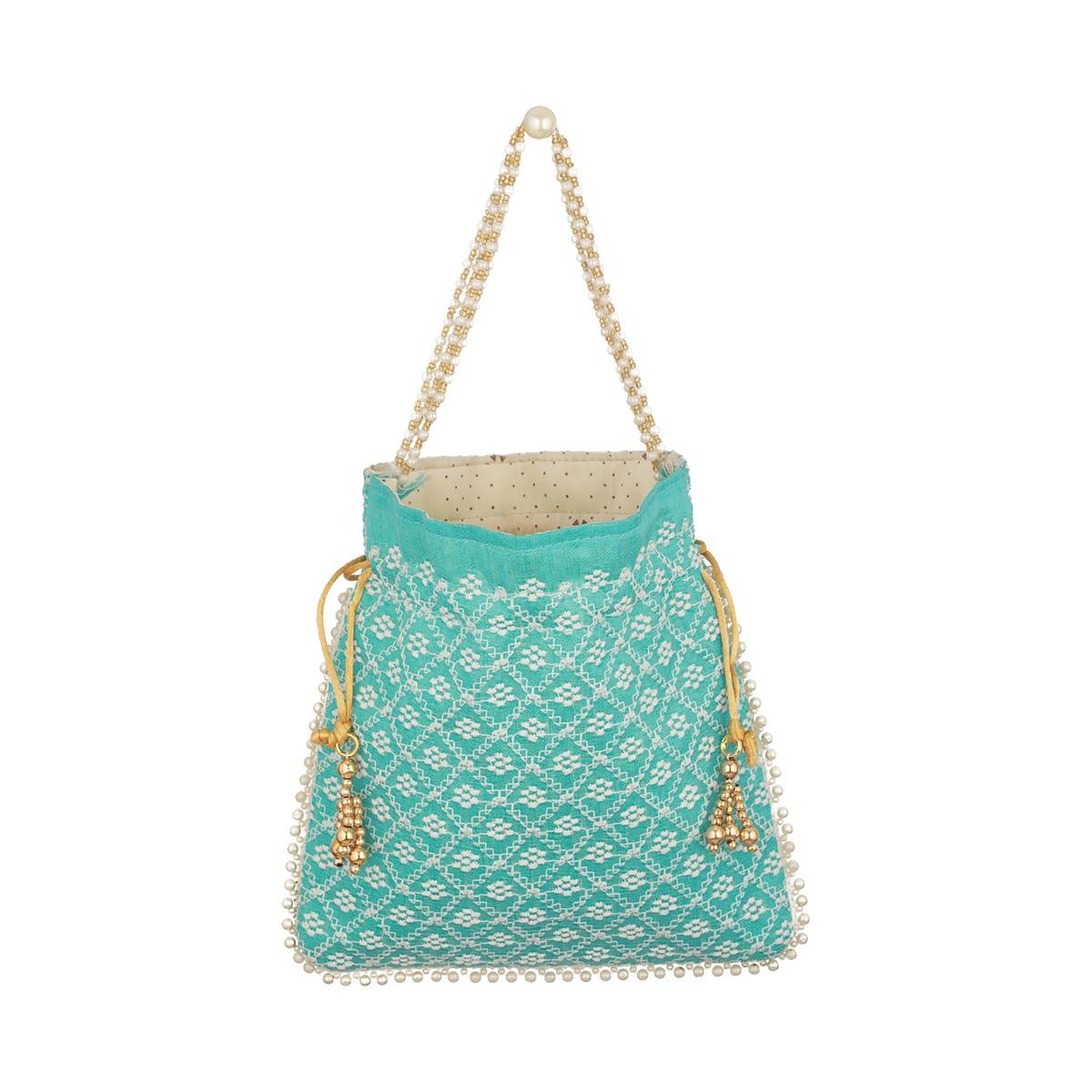 Aatmana Turquoise Blue & Gold Toned Chikan Embroidered Work Potli Bag