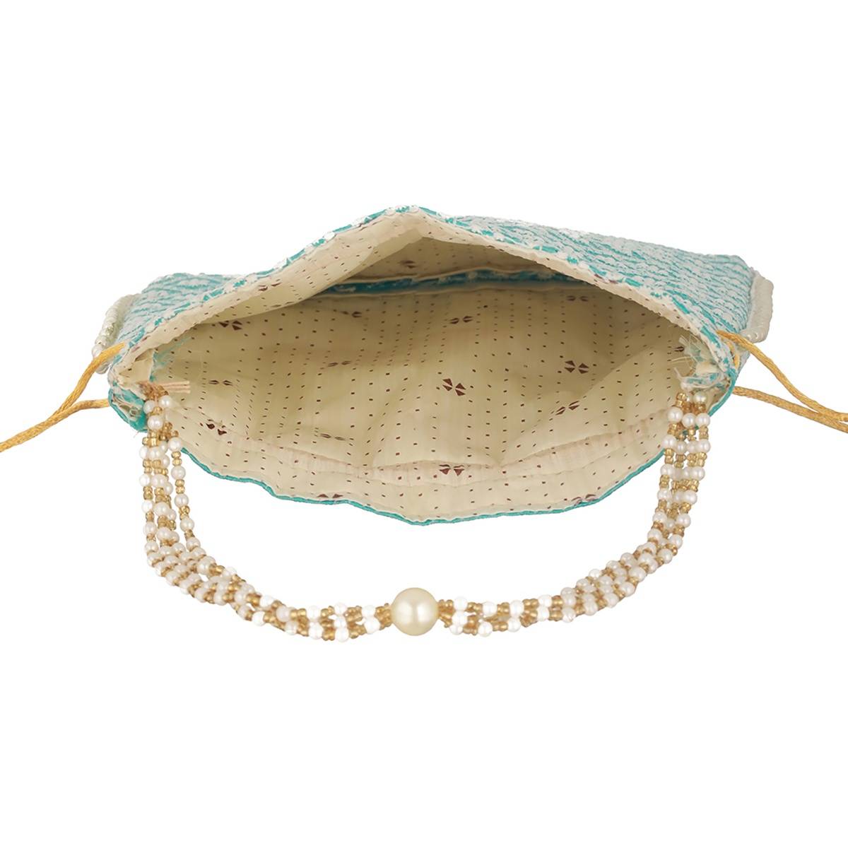 Aatmana Turquoise Blue & Gold Toned Chikan Embroidered Work Potli Bag