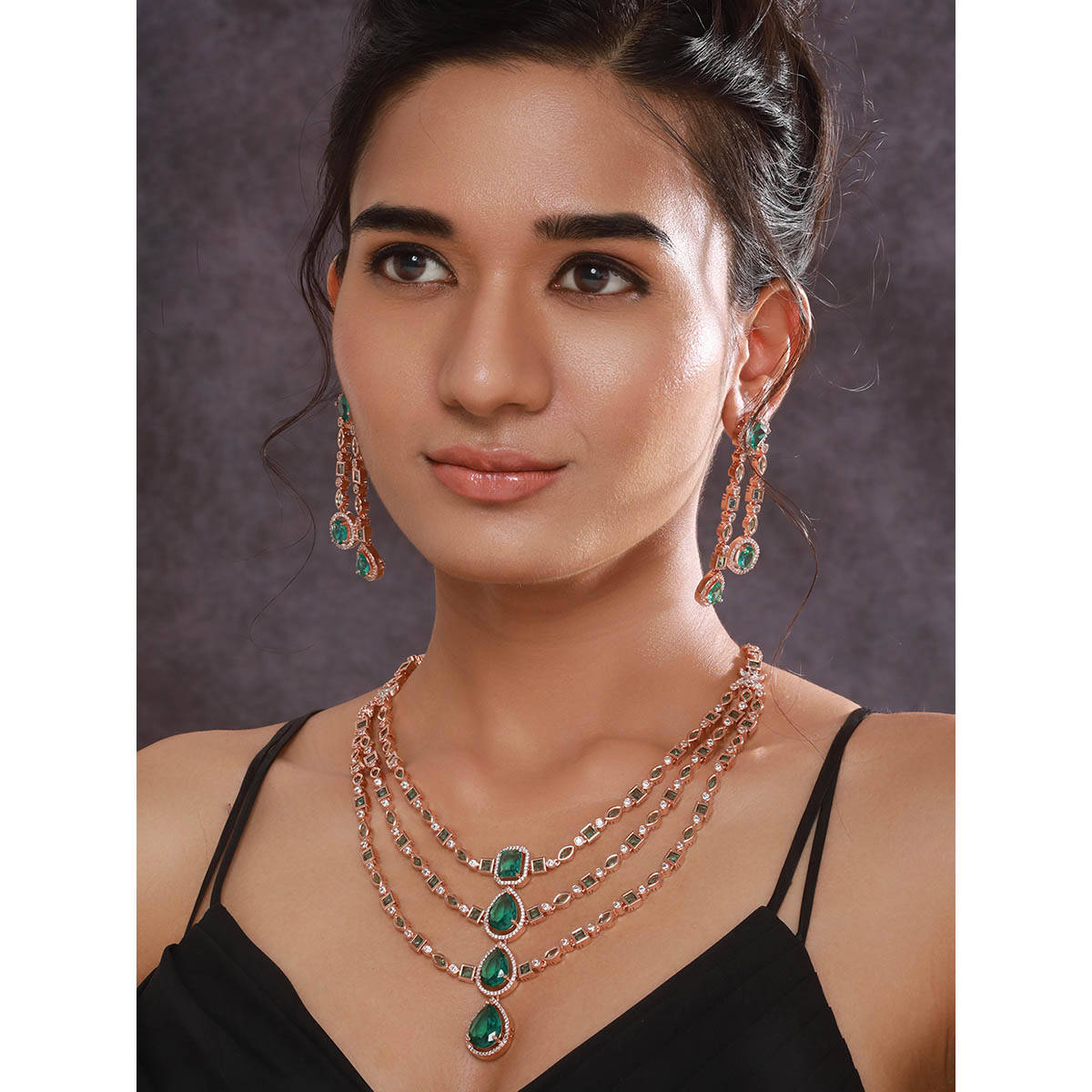 Aatmana Rose Gold Plated Green American Diamond Studded and Beaded Layered Jewellery Set