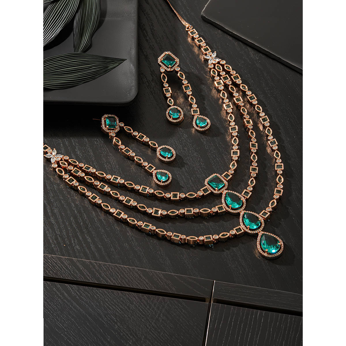 Aatmana Rose Gold Plated Green American Diamond Studded and Beaded Layered Jewellery Set
