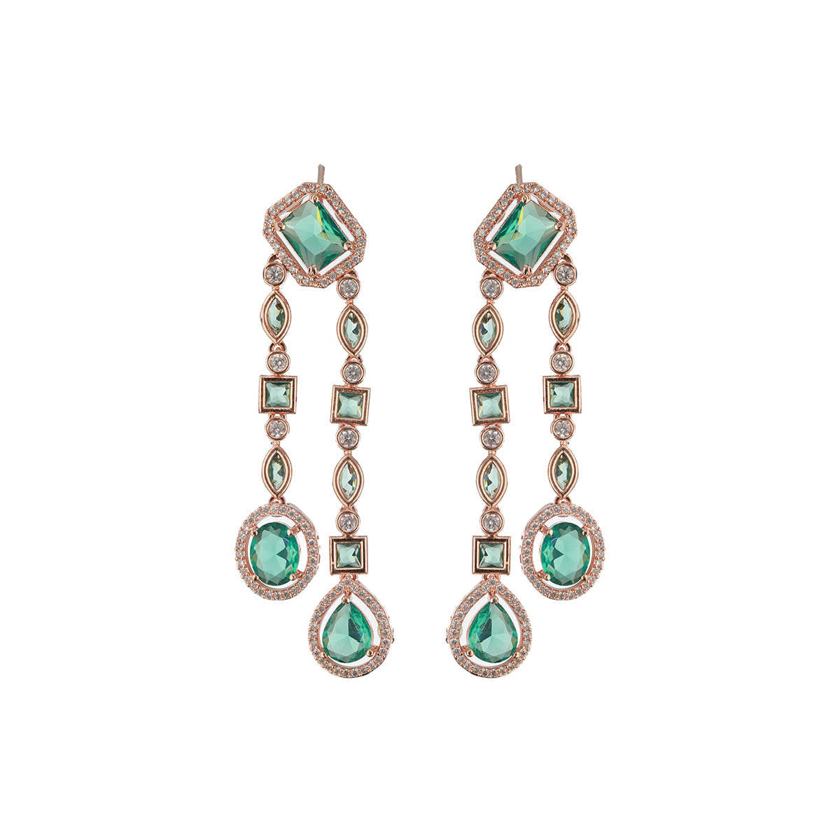 Aatmana Rose Gold Plated Green American Diamond Studded and Beaded Layered Jewellery Set