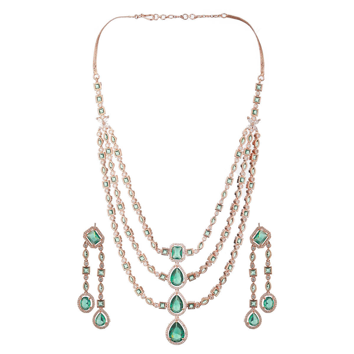 Aatmana Rose Gold Plated Green American Diamond Studded and Beaded Layered Jewellery Set
