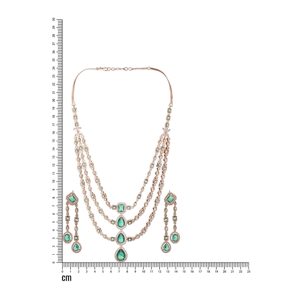 Aatmana Rose Gold Plated Green American Diamond Studded and Beaded Layered Jewellery Set