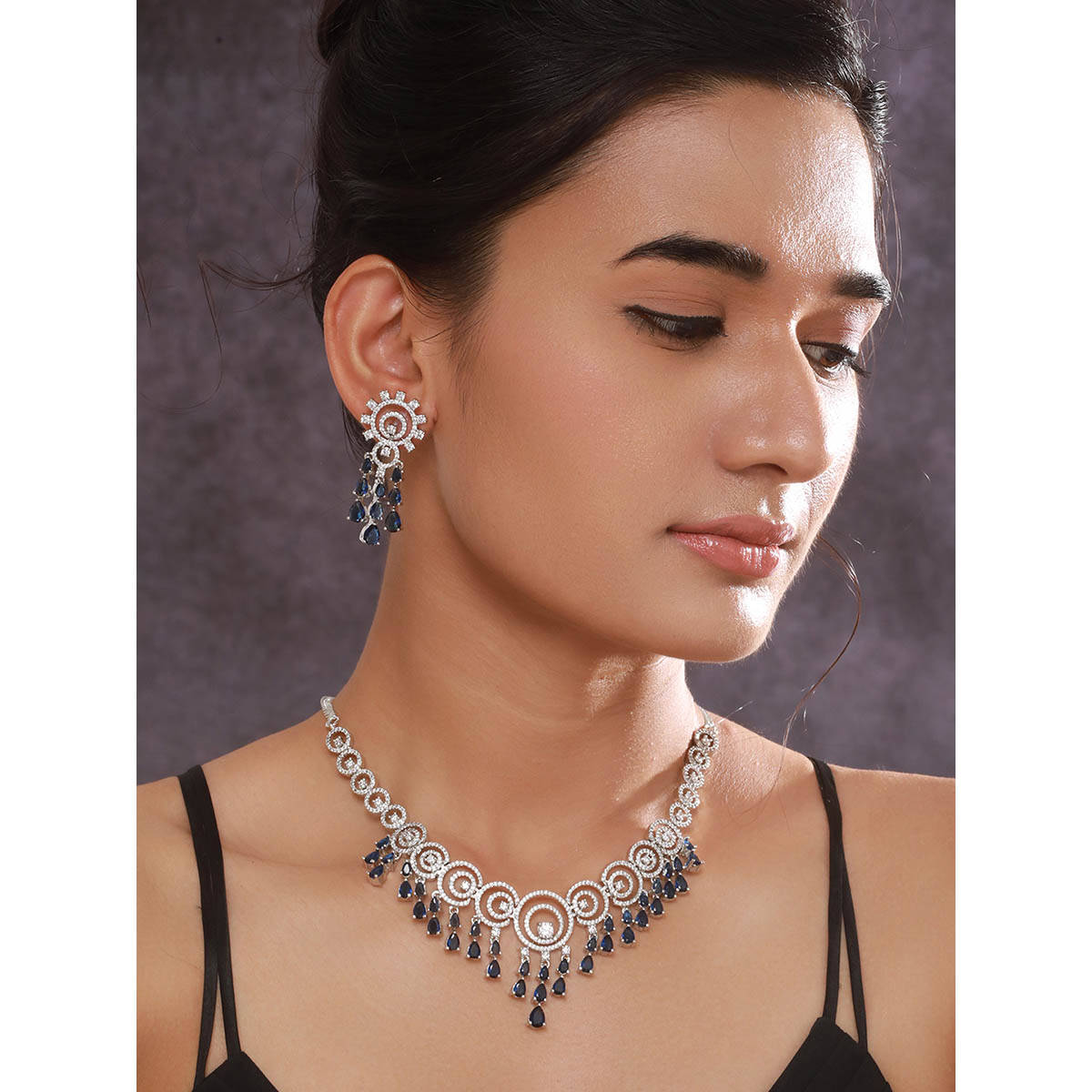 Aatmana Silver Plated and Blue American Diamond Stone and Cz Studded Jewellery Set · One Size