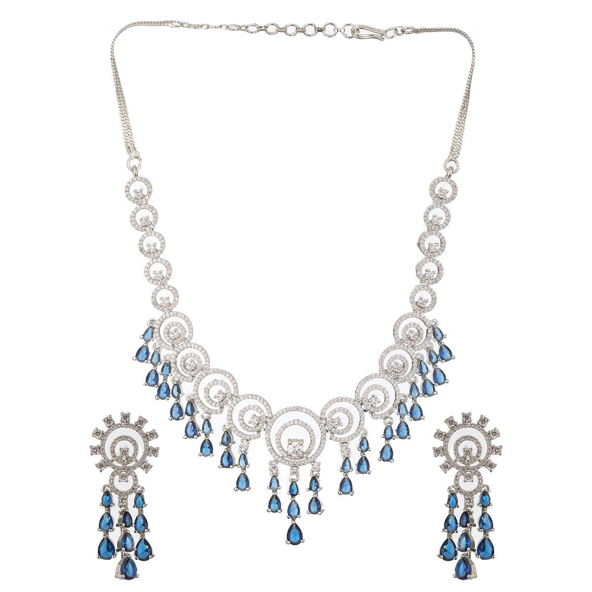 Aatmana Silver Plated and Blue American Diamond Stone and Cz Studded Jewellery Set