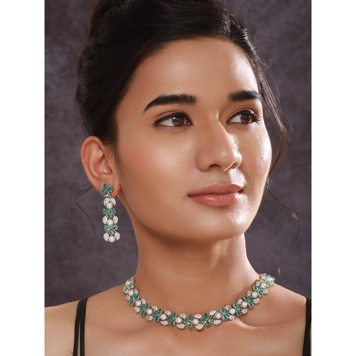 Aatmana Silver Plated American Diamond Studded and Beaded Jewellery Set