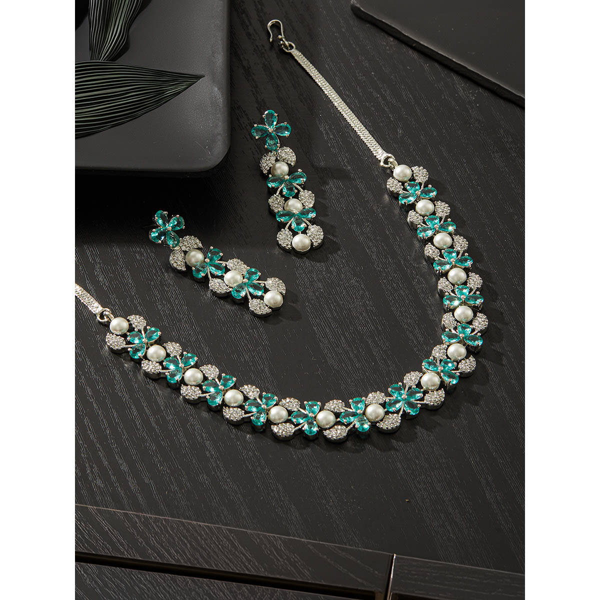 Aatmana Silver Plated American Diamond Studded and Beaded Jewellery Set