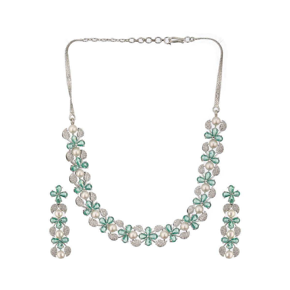 Aatmana Silver Plated American Diamond Studded and Beaded Jewellery Set