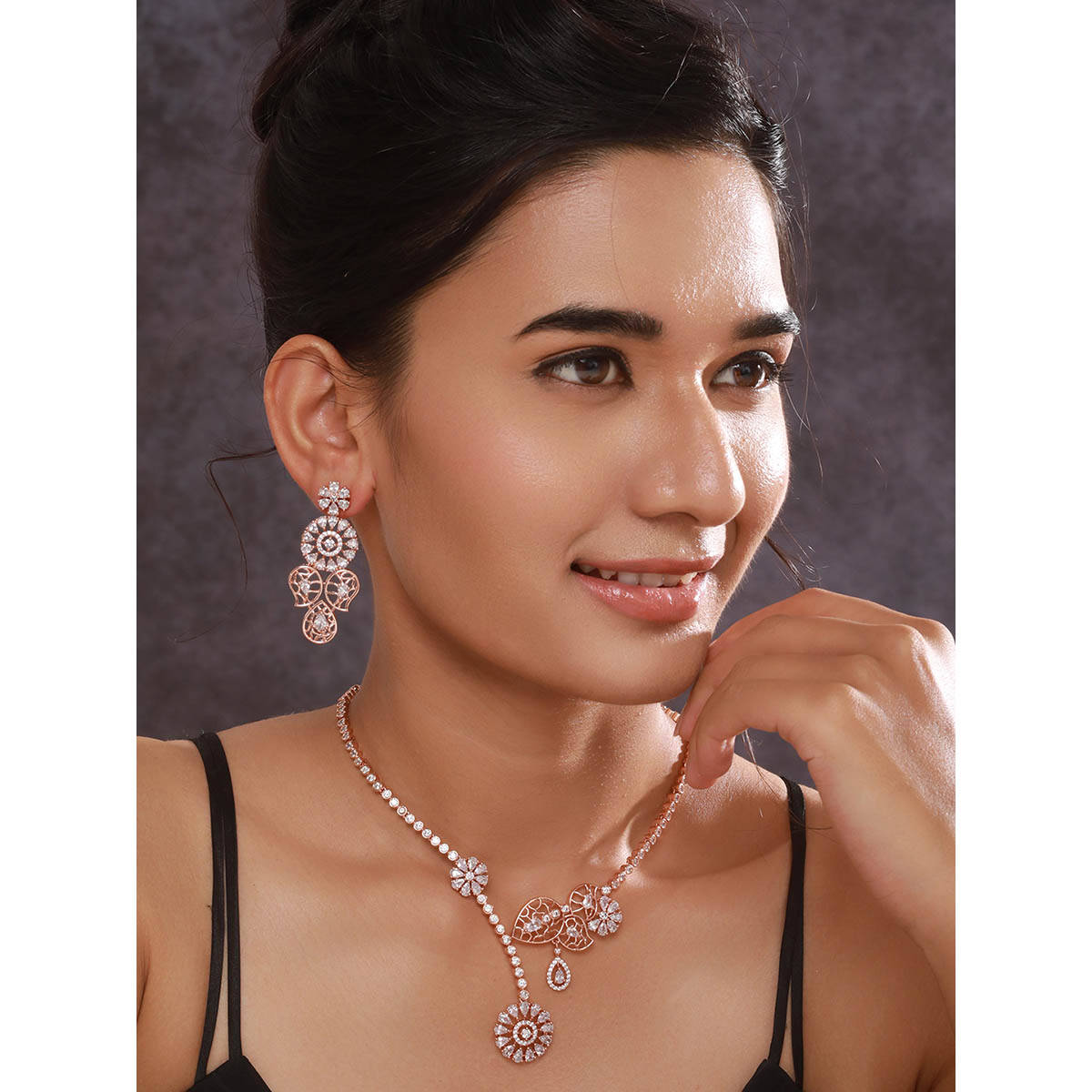 Aatmana Rose Gold Plated American Diamond Studded Necklace with Earrings Set