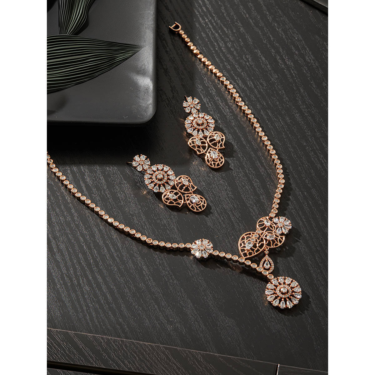 Aatmana Rose Gold Plated American Diamond Studded Necklace with Earrings Set