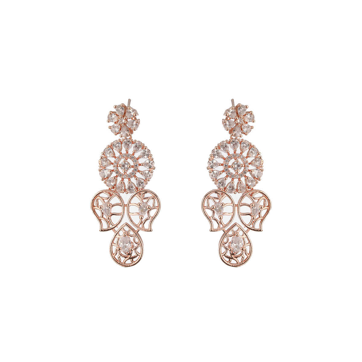 Aatmana Rose Gold Plated American Diamond Studded Necklace with Earrings Set