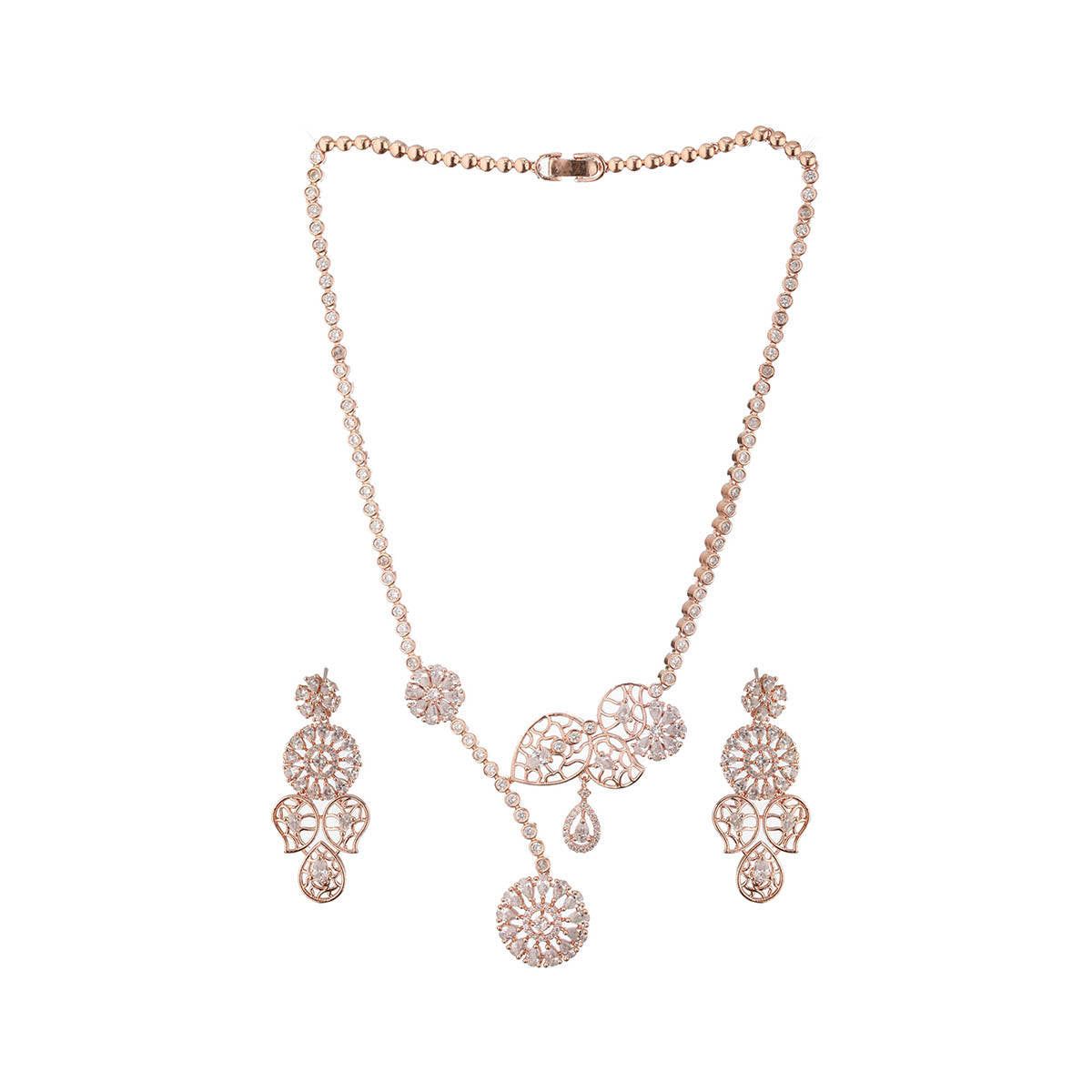 Aatmana Rose Gold Plated American Diamond Studded Necklace with Earrings Set