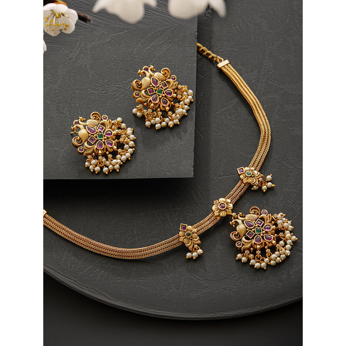 Aatmana 22K Gold Plated Ruby and Green Kemp Stone Studded Temple Jewellery Set