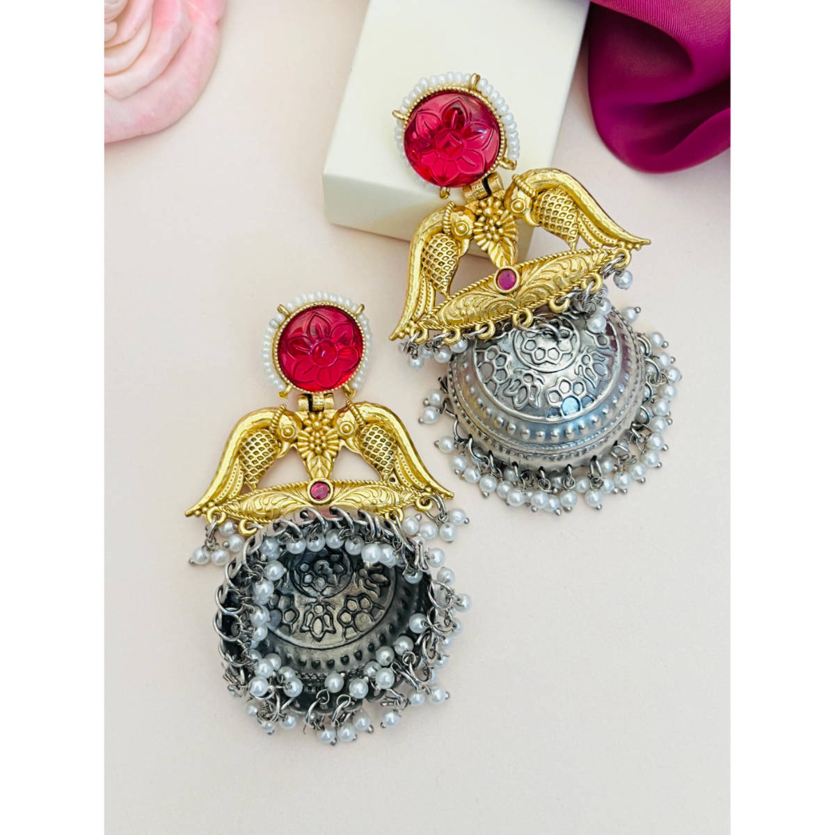 Abdesigns Enchanting Gold Plated Red & White Earrings