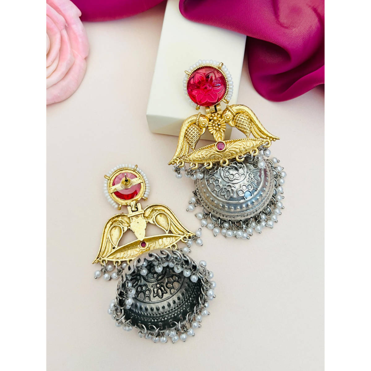 Abdesigns Enchanting Gold Plated Red & White Earrings