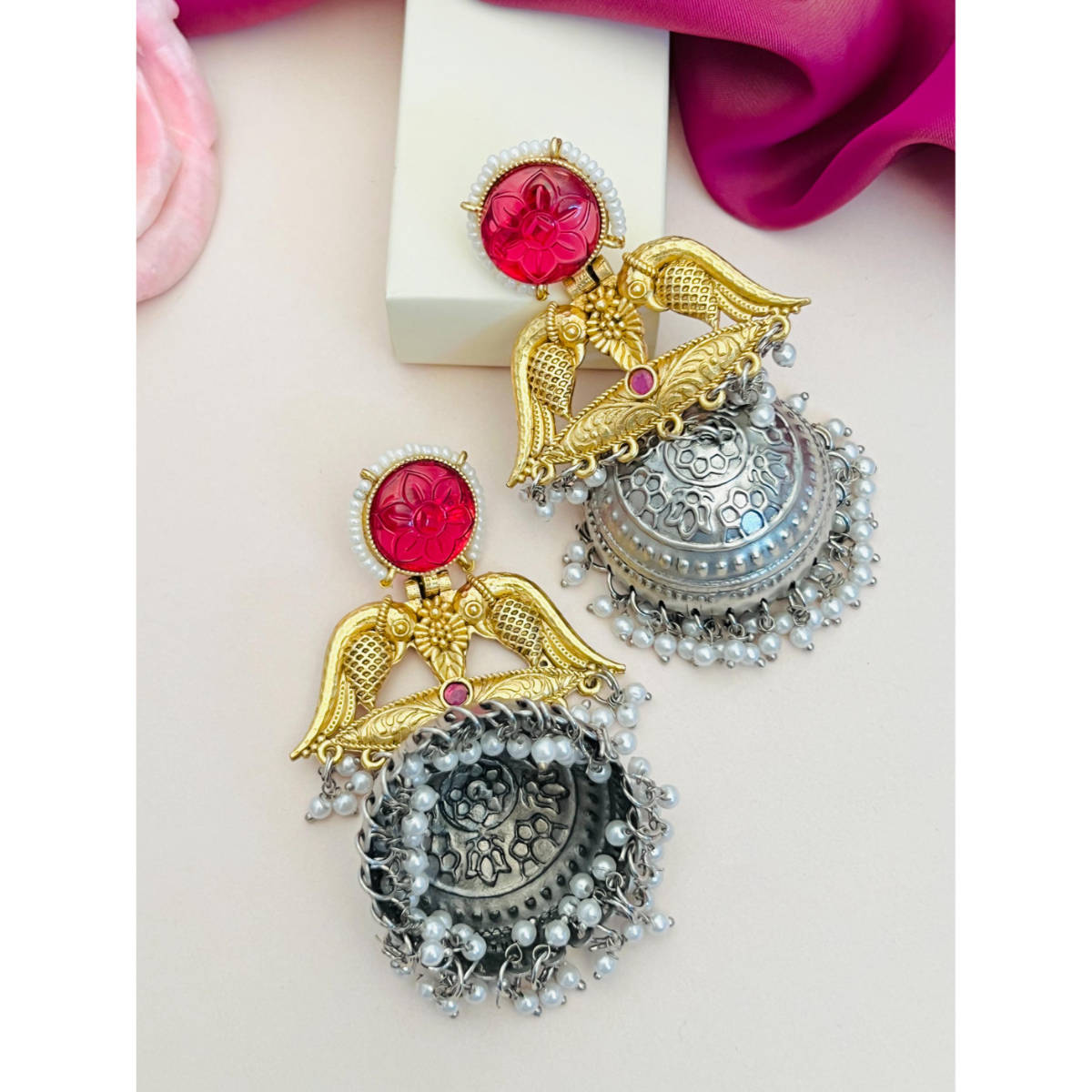 Abdesigns Enchanting Gold Plated Red & White Earrings
