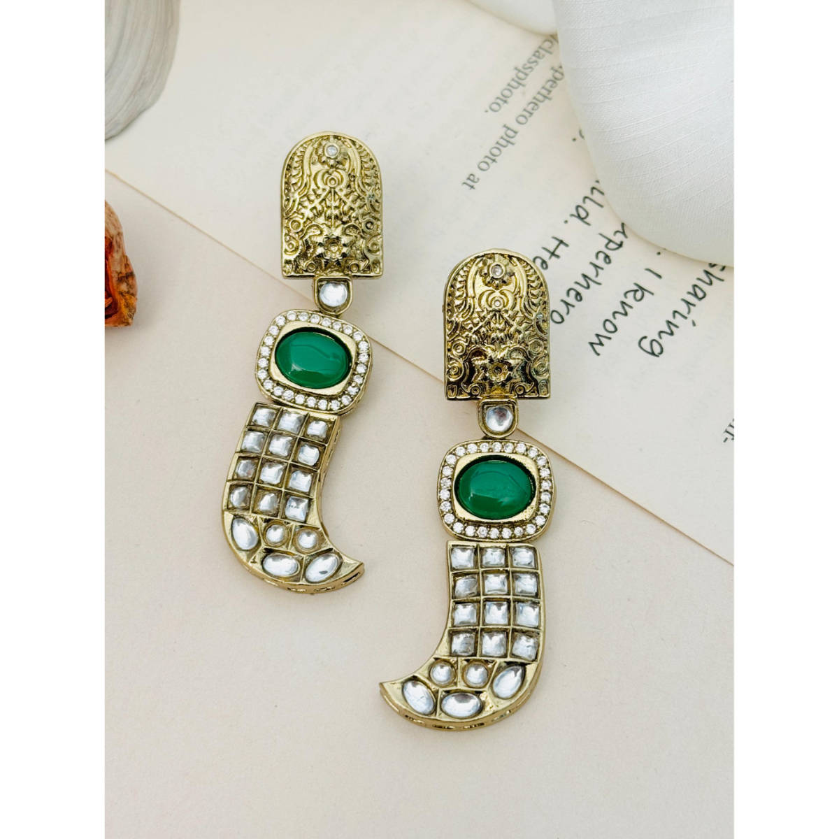 Abdesigns Enchanting Gold Plated Polki Studded Drop Earrings
