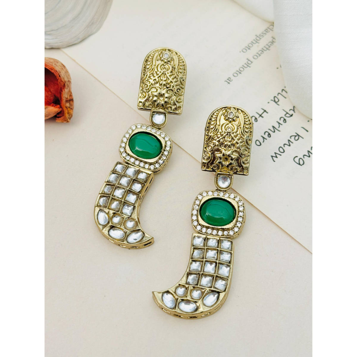 Abdesigns Enchanting Gold Plated Polki Studded Drop Earrings
