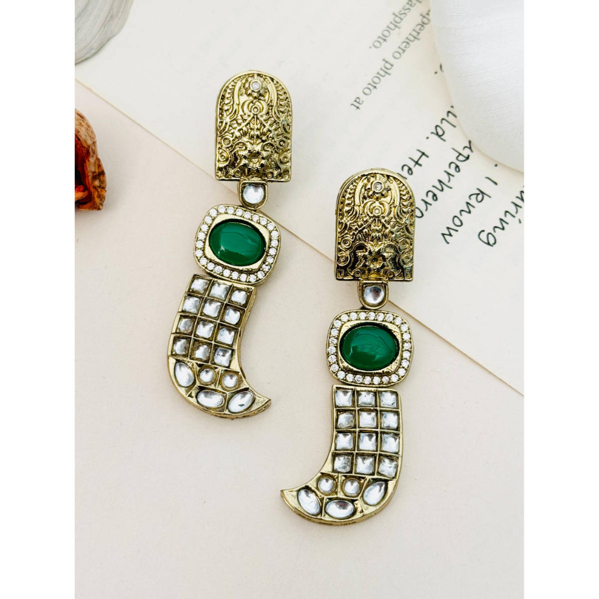 Abdesigns Enchanting Gold Plated Polki Studded Drop Earrings