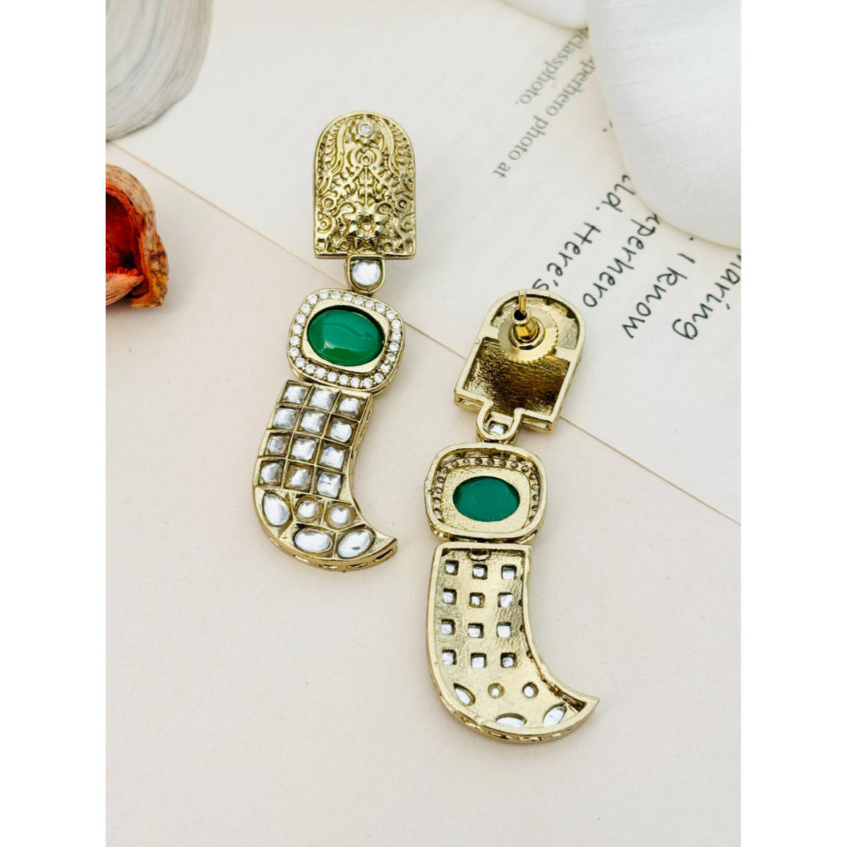 Abdesigns Enchanting Gold Plated Polki Studded Drop Earrings