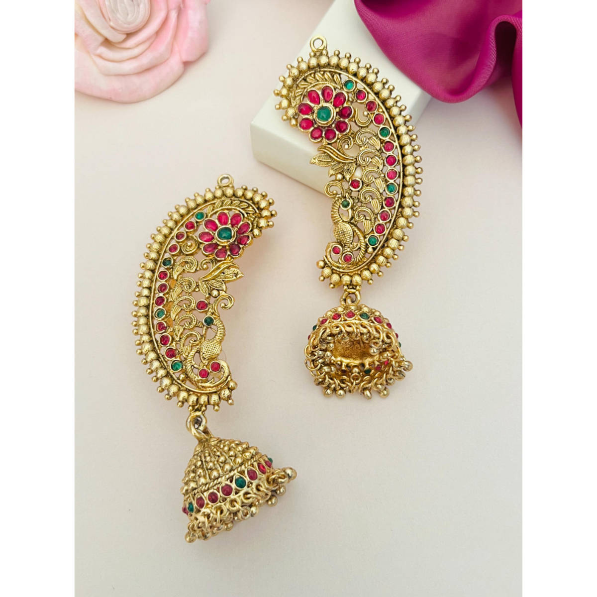 Abdesigns Enchanting Gold Plated Kempstone Studded Temple Earrings