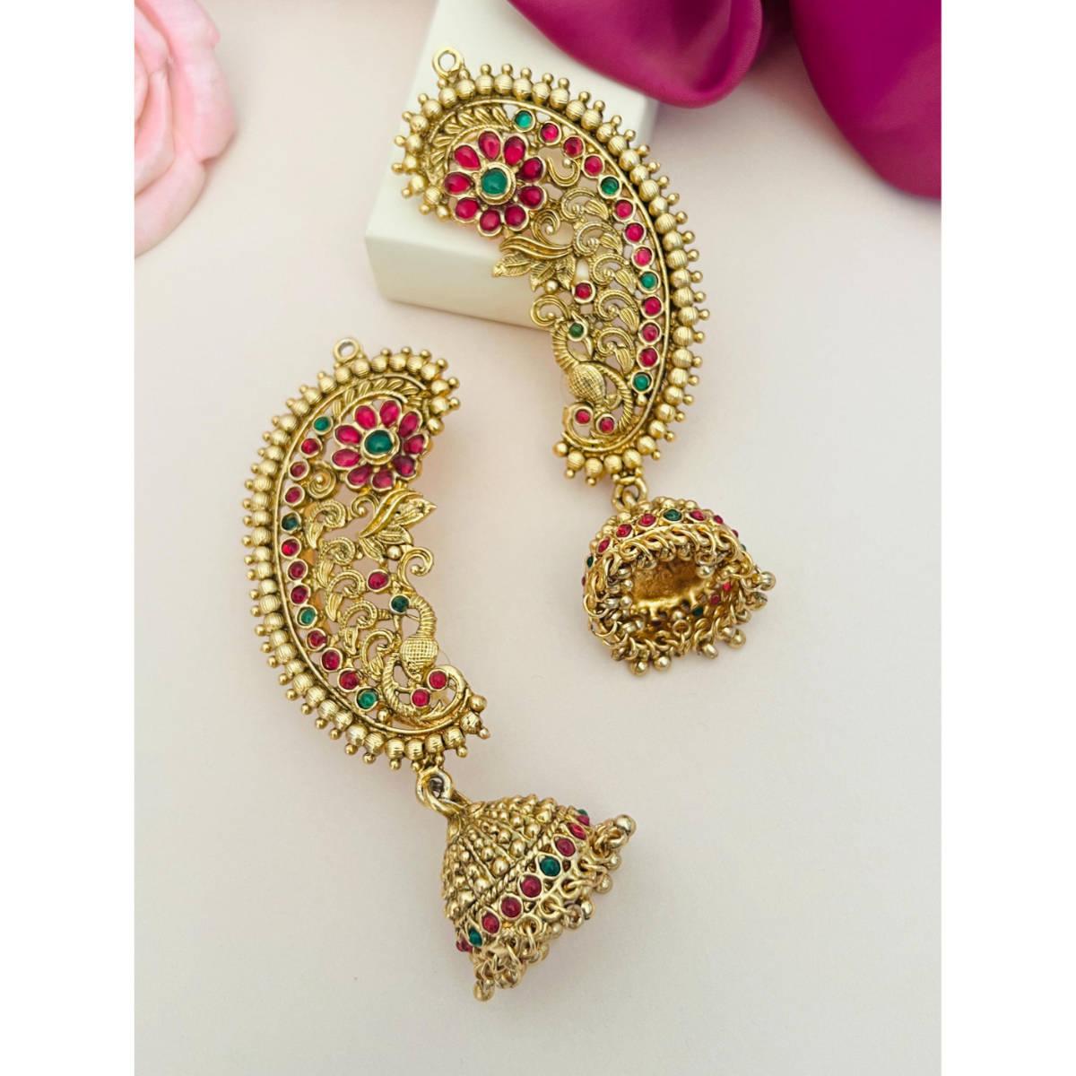 Abdesigns Enchanting Gold Plated Kempstone Studded Temple Earrings