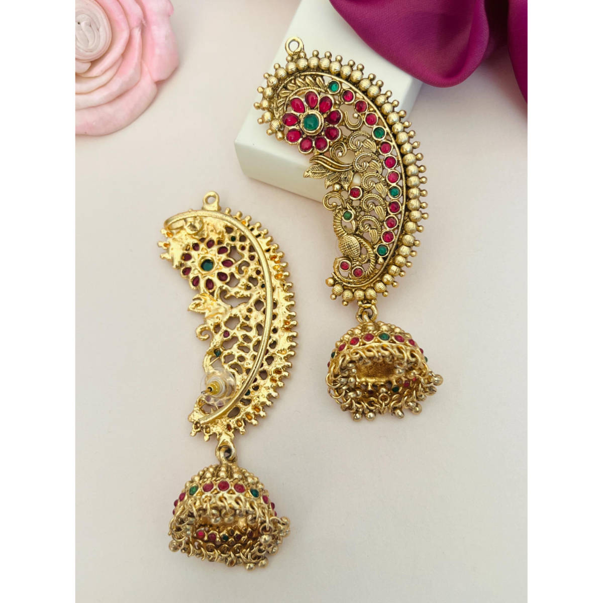 Abdesigns Enchanting Gold Plated Kempstone Studded Temple Earrings