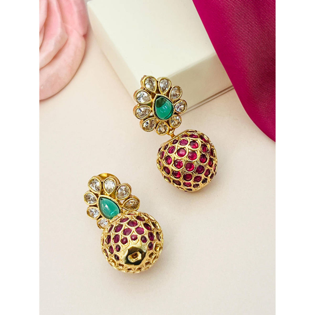 Abdesigns Enchanting Gold Plated Polki Studded Multi-Color Earrings