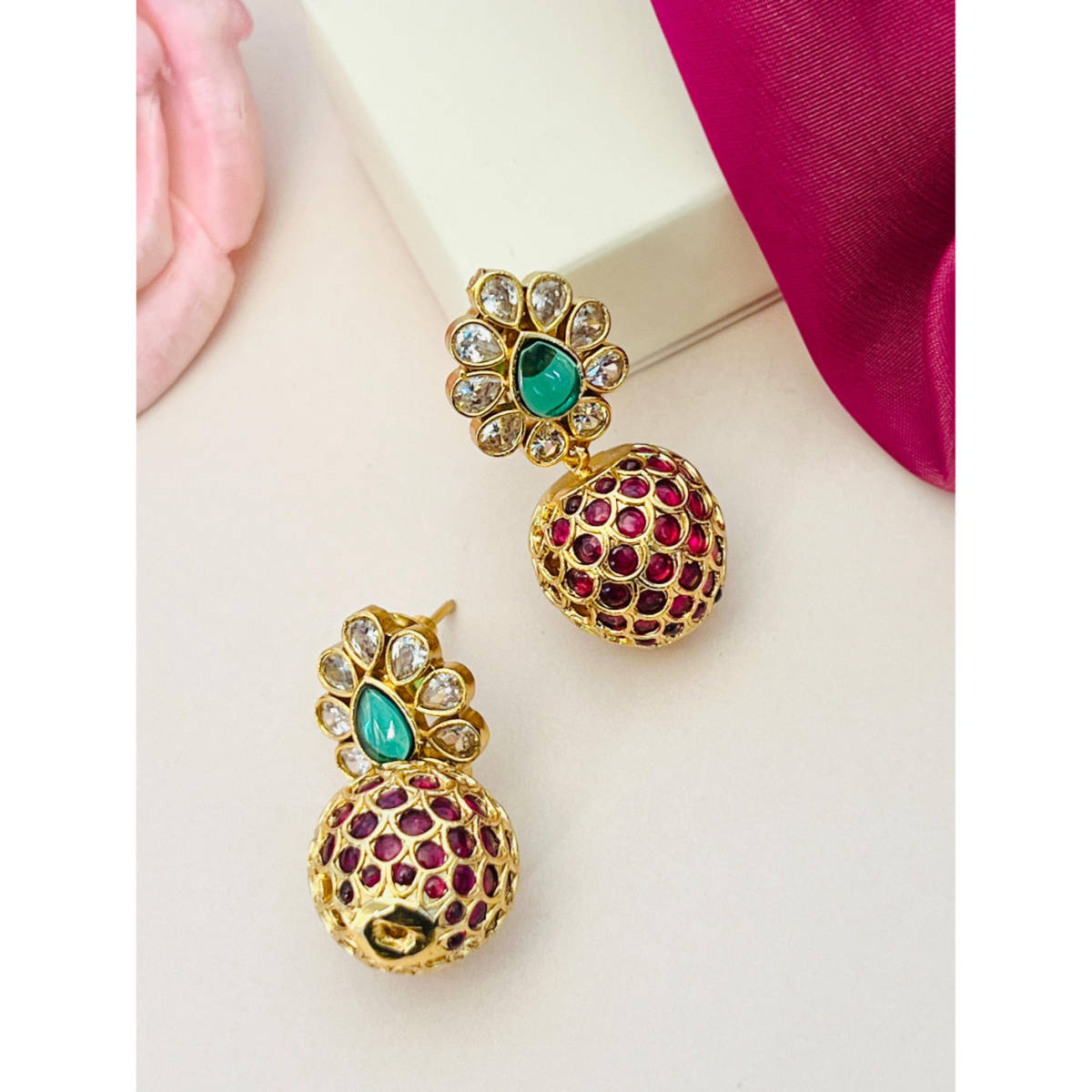 Abdesigns Enchanting Gold Plated Polki Studded Multi-Color Earrings